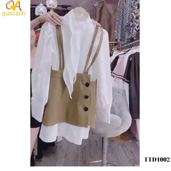 Set đồ nữ thời trang dạo phố, công sở Quocanh, váy dây phối với áo sơ mi lụa Hot Thu Đông 2021