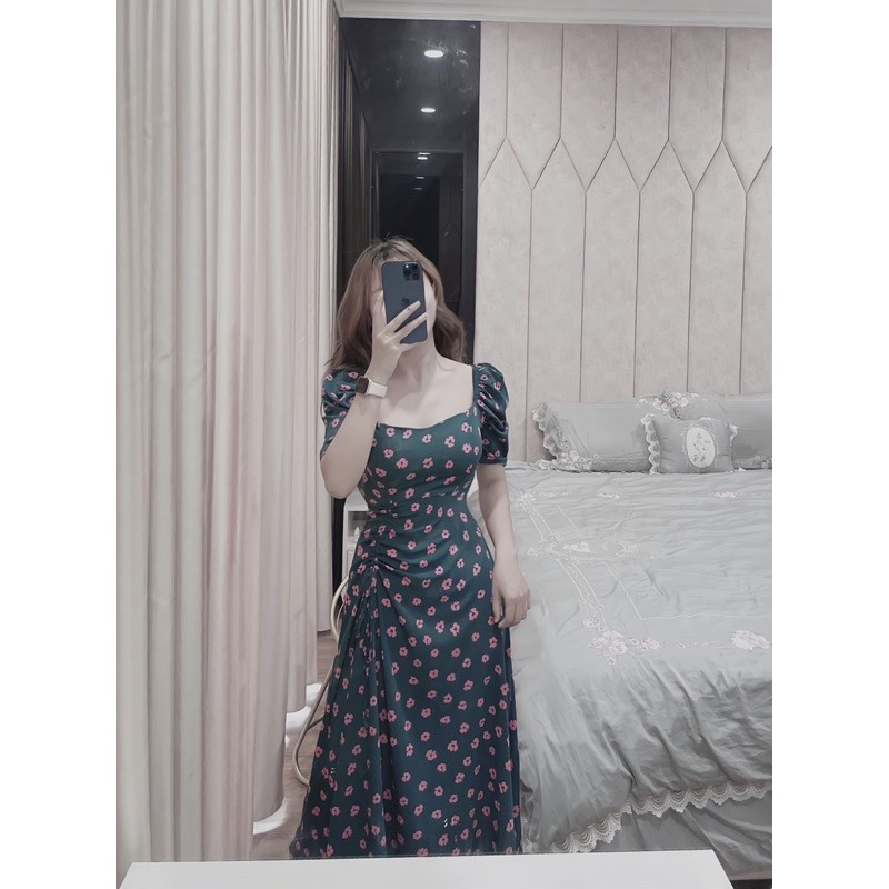 [Mã SKAMA06 giảm 8% tối đa 50K đơn 250K] VNU252 - VÁY XANH LÁ HOA TÍM CỔ VUÔNG DÚM EO | BigBuy360 - bigbuy360.vn