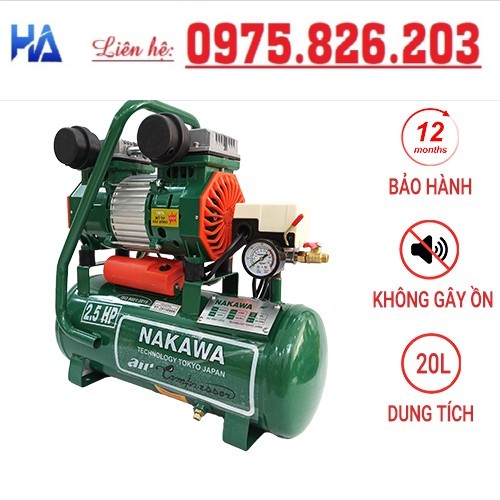 Máy nén khí gia tốc NAKAWA NK25-20, Máy chạy không dầu, Công suất 2.5HP, Bình 20L, Lên hơi siêu nhanh