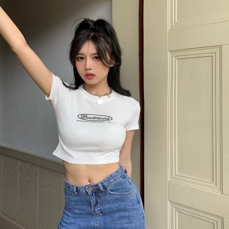 Áo Thun Croptop Tay Ngắn Cổ Tròn In Chữ Phong Cách Harajuku Vintage Thời Trang Mùa Hè Cho Nữ