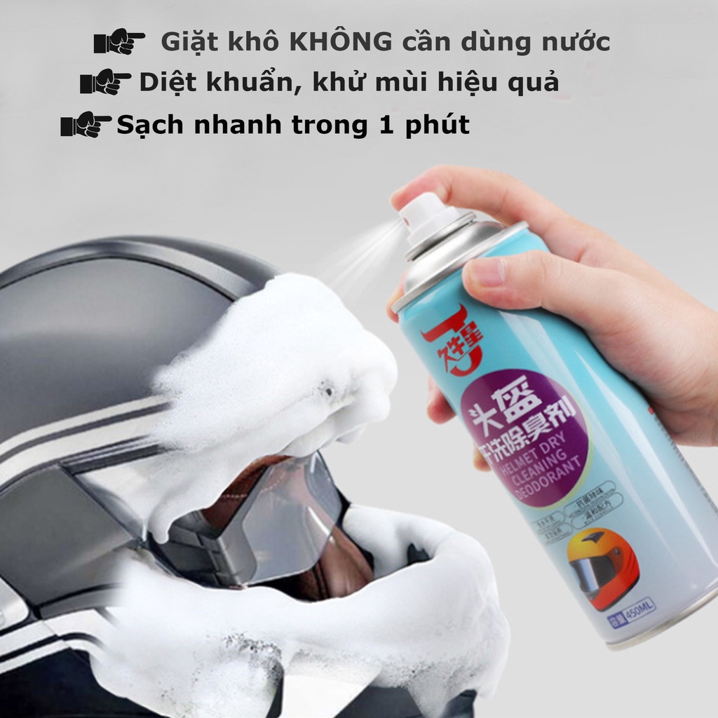 Chai xịt vệ sinh mũ bảo hiểm, giáp bảo vệ, găng tay, giày dép không dùng nước 450ml