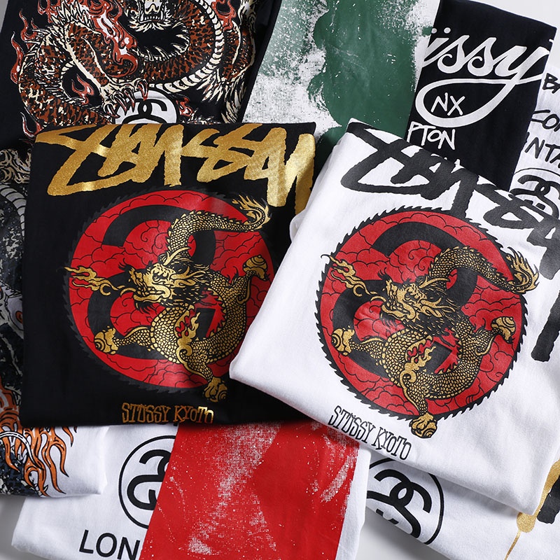 Áo Thun Tay Ngắn Cổ Tròn In Hình Ba Chú Rồng Và Rồng Stussy Cá Tính Cho Nam Nữ