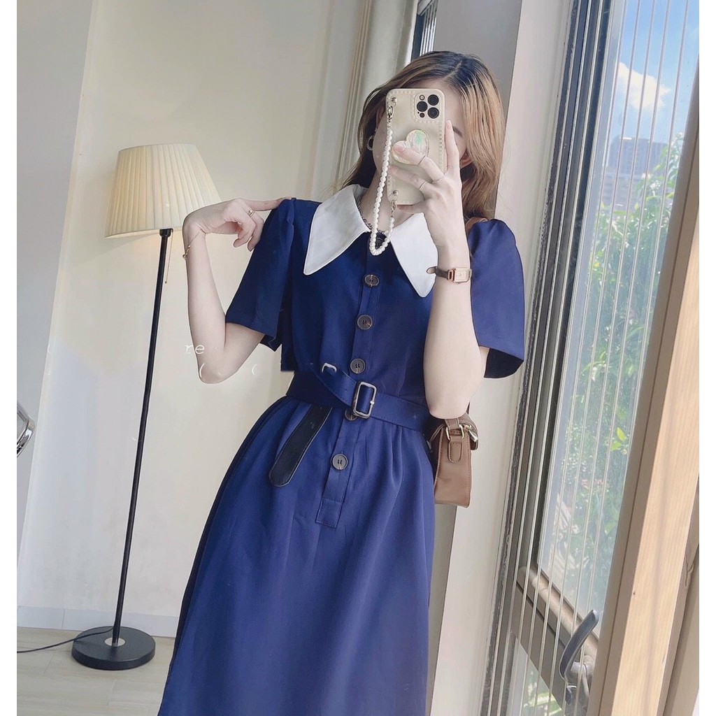 Đầm midi tay ngắn, váy midi dài xanh cổ peter trắng phối nịt siêu xinh đi chơi đi du lịch hẹn hò đều xinh Tây Thi Shop | BigBuy360 - bigbuy360.vn