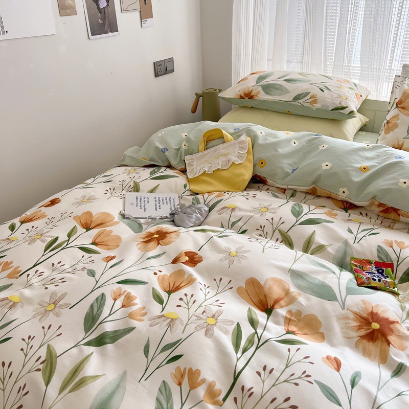 Bộ vỏ chăn ga gối 4 món Cotton Polyester hoa nâu