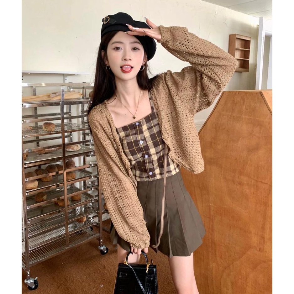 Áo Hai Dây Sọc Ca Rô / Áo Khoác Cardigan / Chân Váy Chữ A Dài Tay Lưng Cao Xếp Ly Thời Trang Retro Sành Điệu 54050