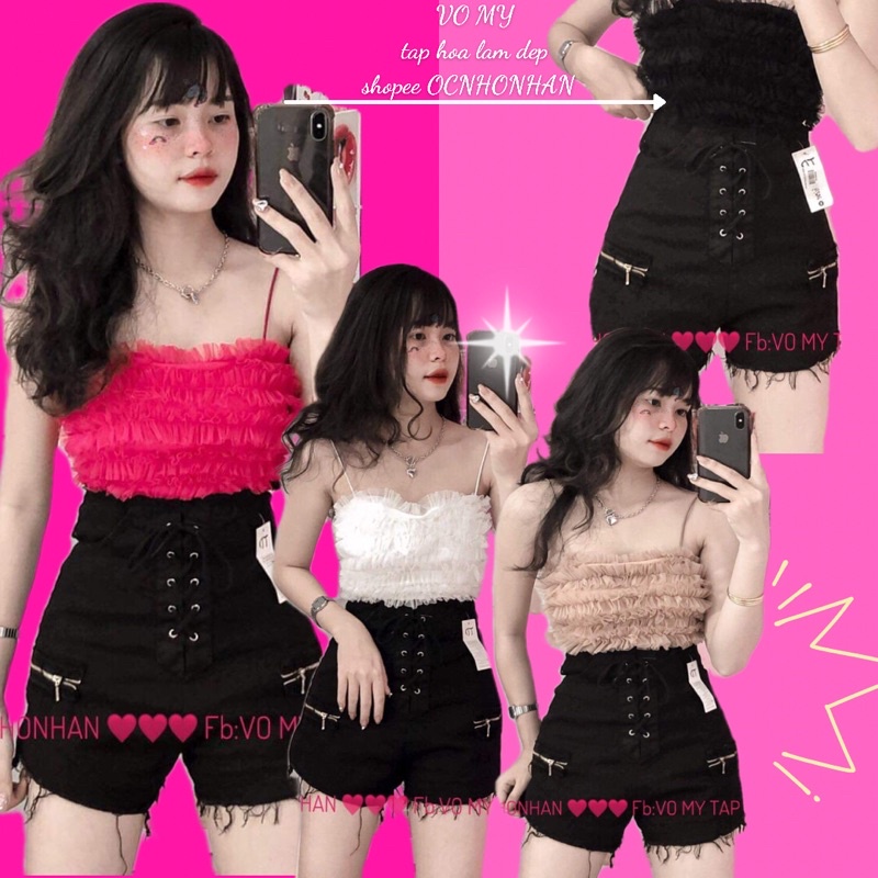 set áo hai dây nhún lưới phối quần short kaki