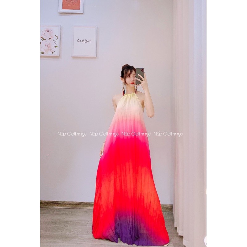 váy maxi yếm dập ly loang màu ombre
