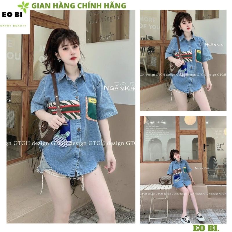 Áo sơ mi jeans bò kiểu dáng hàn quốc in hình ngộ nghĩnh kute dễ thương ,form rộng dấu quần tiểu thư ulzzang -EOBI
