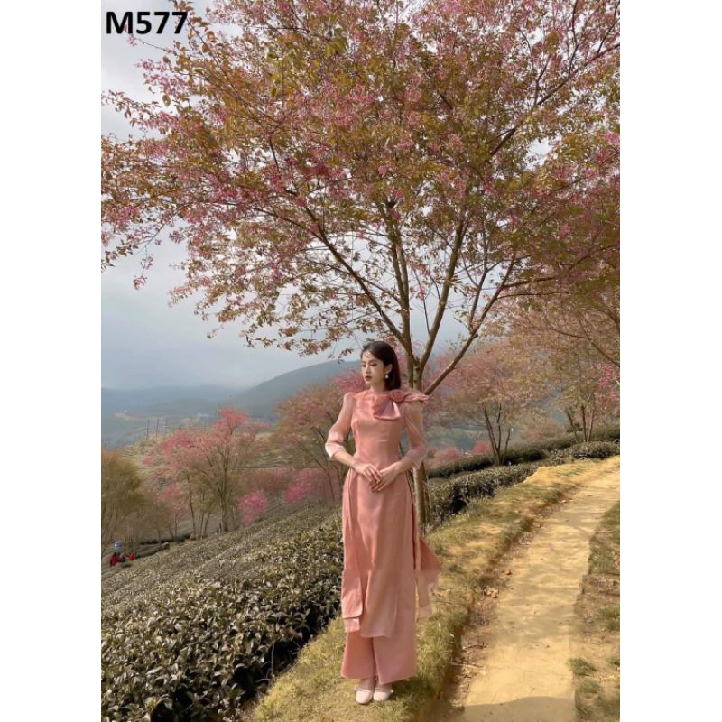 Áo dài cách tân nữ hồng nơ cổ siêu hot 2021 tặng kèm quần hồng đậm