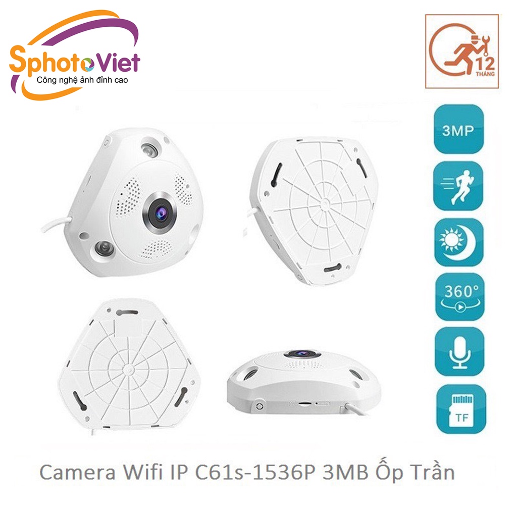 Camera wifi IP Vstarcam C61s FHD 1536P  ốp trần, góc rộng 180 độ, toàn cảnh 360