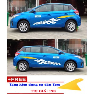 Bộ tem dán sườn xe kẻ caro d-538_ trắng vàng