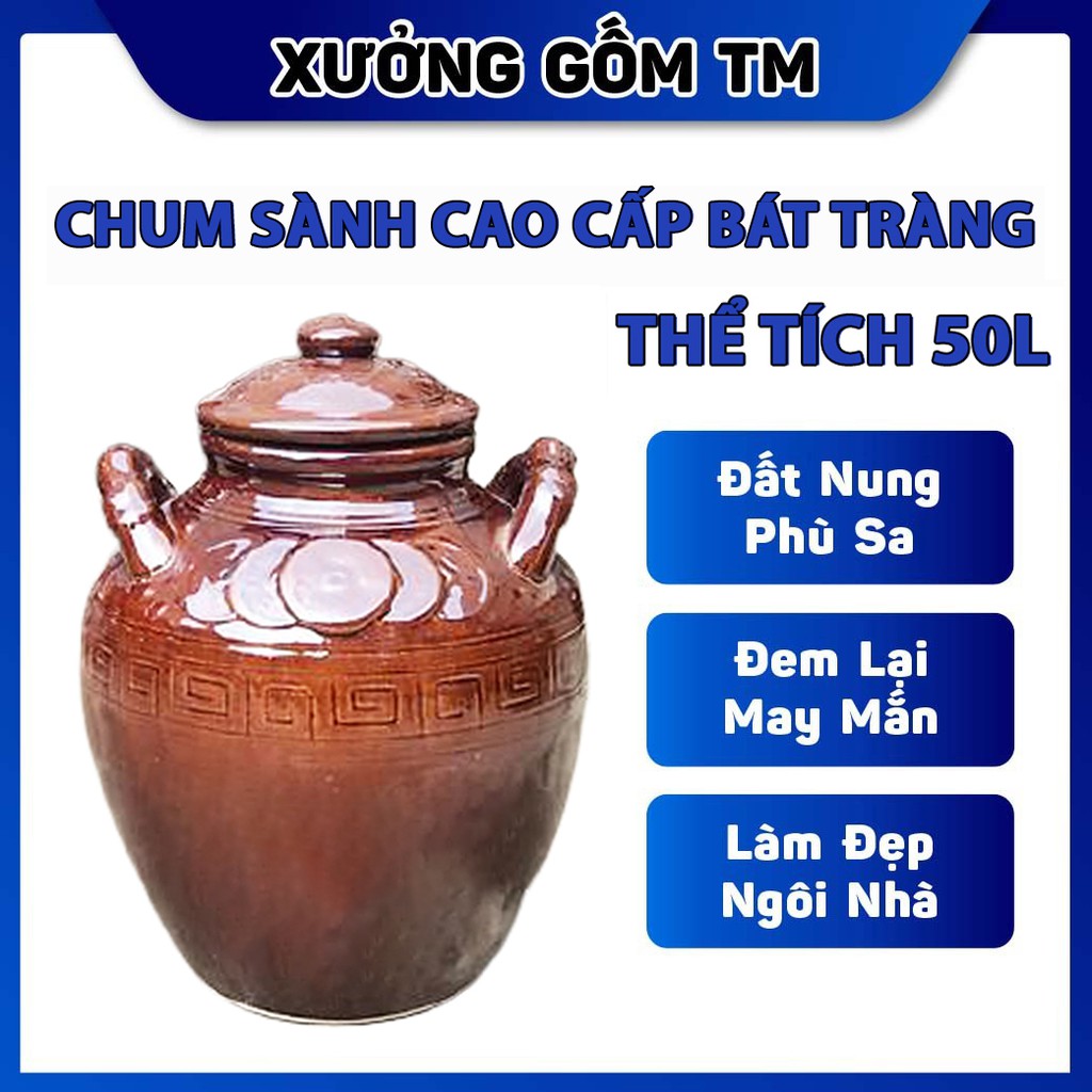 Chum sành ngâm rươu, Hủ đựng gạo tráng men nâu mật 50L gốm sứ Bát Tràng