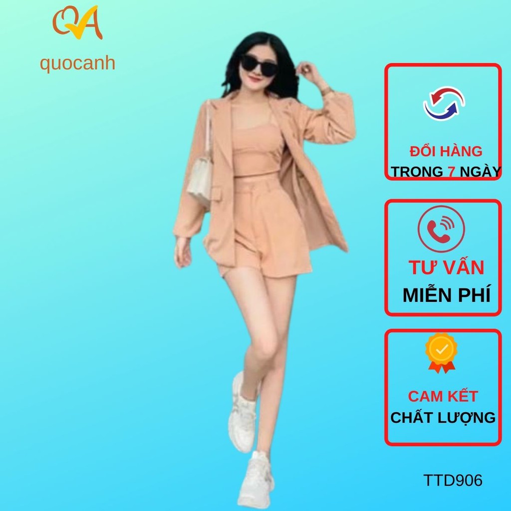 Set thời trang Nữ dạo phố, form chuẩn dáng, phối với áo vest, quần đùi và áo 2 dây  HOT thu đông 2021