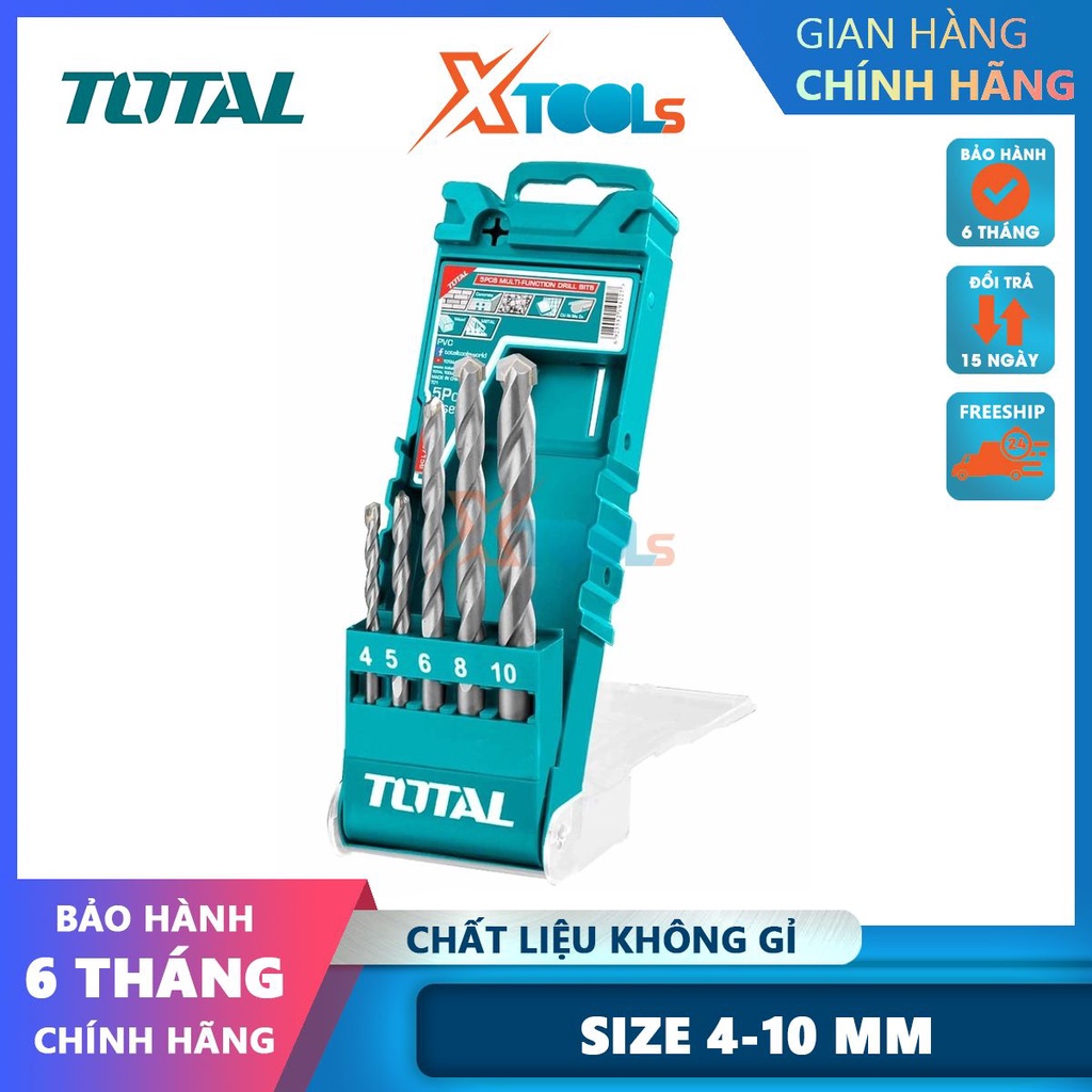 Bộ 5 mũi khoan đa năng đuôi trơn 2 cạnh Total siêu bén siêu cứng sz 4-10mm, mũi khoan sắt, gỗ, kính -CHÍNH HÃNG-XTOOLS