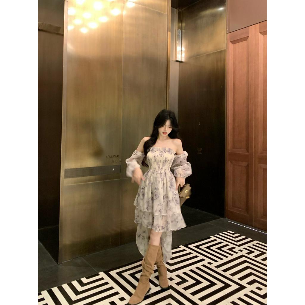 Đầm Dài Dáng Chữ A Hở Vai In Họa Tiết Hoa Hồng Nhẹ Nhàng Thanh Lịch