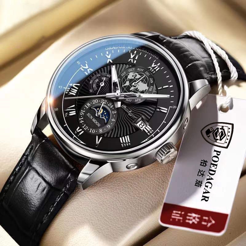 Đồng hồ nam cao cấp POEDAGAN mặt bản đồ, đồng hồ chính hãng thiết kế độc đáo mặt kính saphire chống nước chống xước