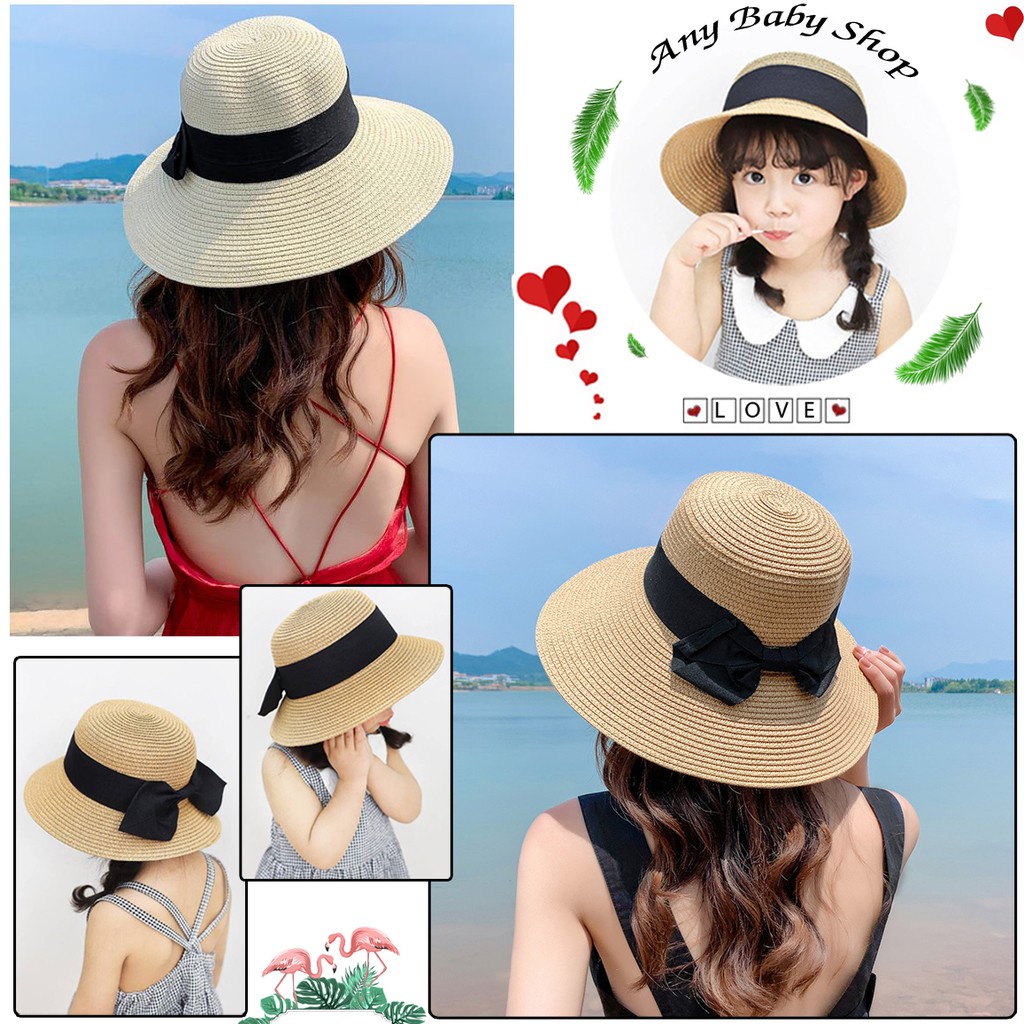 Mũ cói đi chơi, đi biển nơ đen cho mẹ và bé 2 màu sang chảnh- gấp gọn được (hàng có sẵn) ❣❣