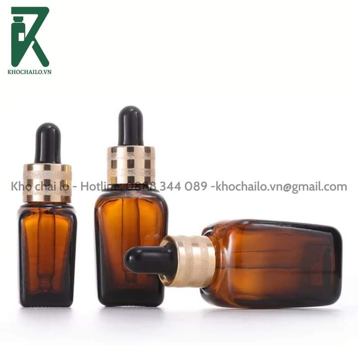 Chai tinh dầu serum thủy tinh vuông nâu khoen mạ vàng cao cấp 3 vạch bóp đen ống thủy tinh