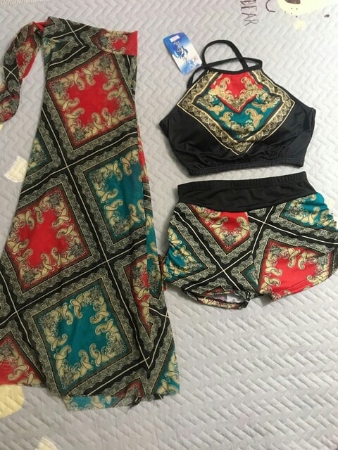 Set bikini 3 chi tiết hoa văn thổ cẩm sang chảnh 8030