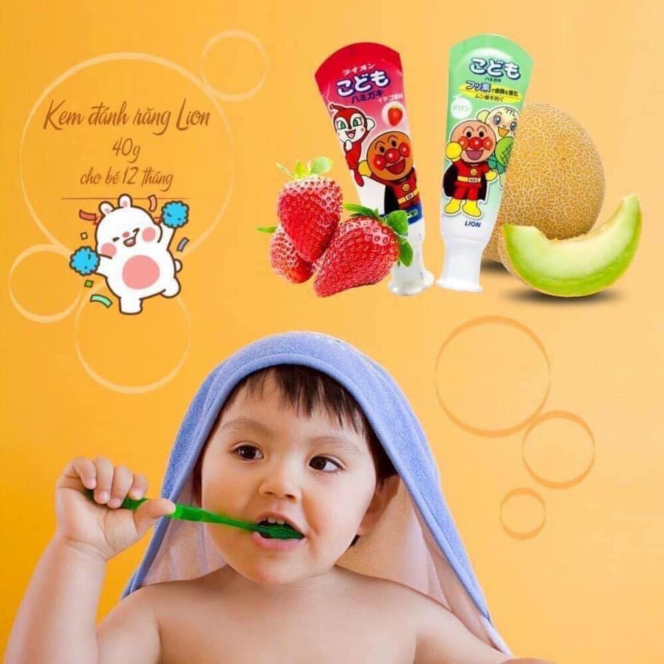 Kem Đánh Răng Trẻ Em Nuốt Được LION Hương Dưa Vàng - Dâu Tây Nội Địa Nhật Bản Cho Bé (40g) - SAKUKO