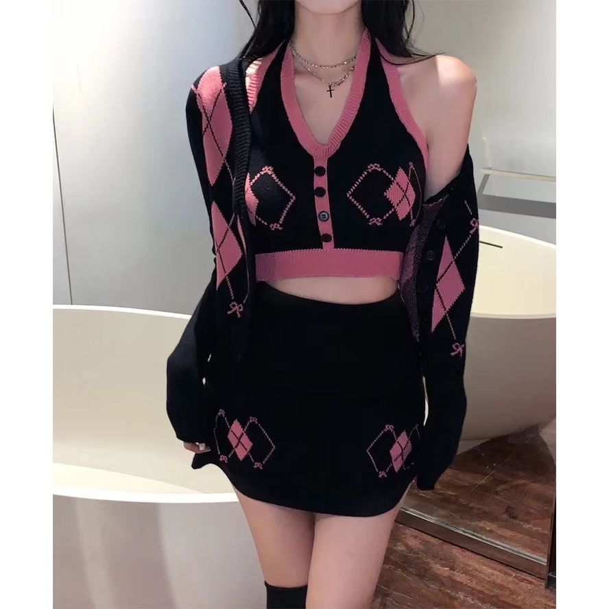 Áo Dệt Kim Sát Nách Dáng Ôm Sọc Ca Rô Màu Sắc Tương Phản Thời Trang Cho Nữ