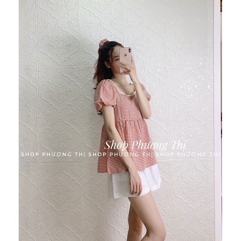 Áo babydoll kẻ tay phồng kèm chun ulzzang (hình thật/sẵn)