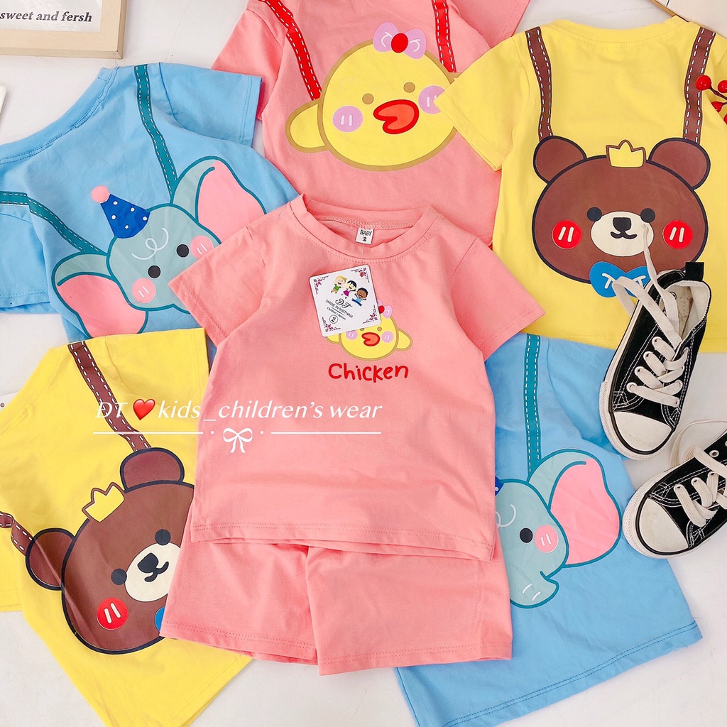 Bộ quần áo bé trai, bé gái, bộ cộc tay chất cotton thú đeo lưng đáng yêu cho bé