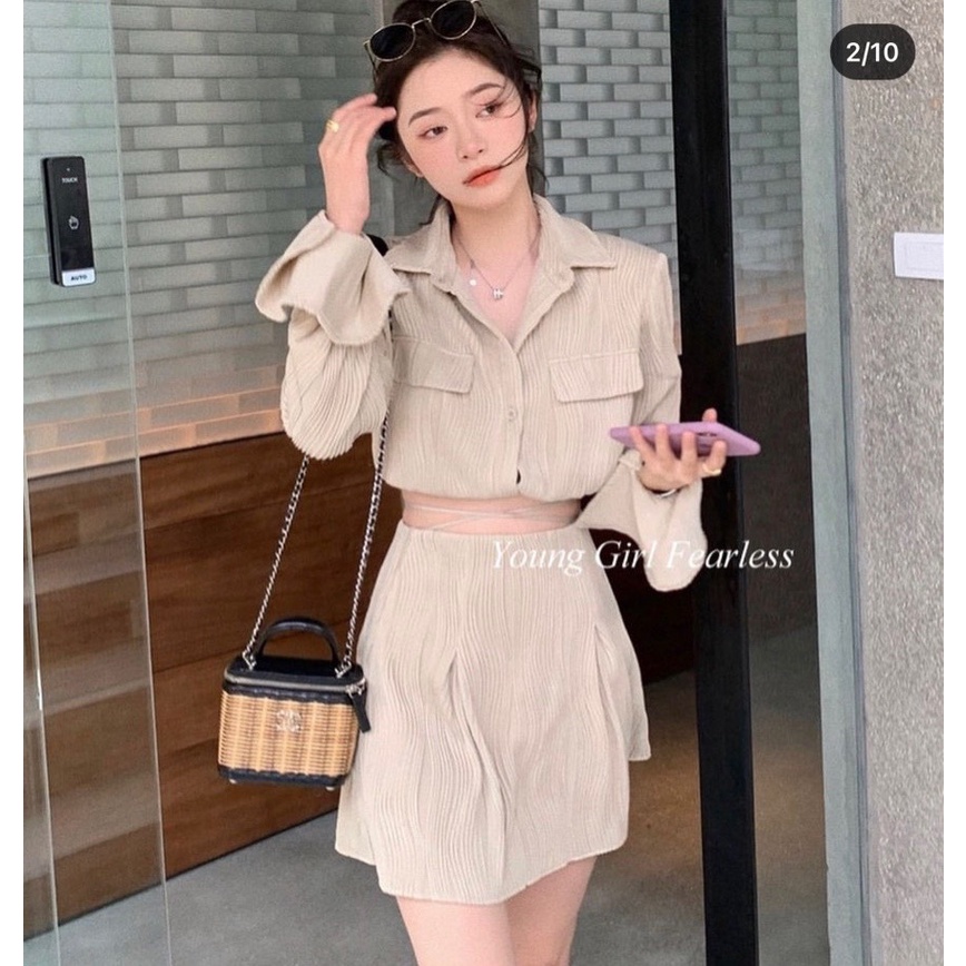 Set áo sơ mi tay dài chân váy cột dây VIBES