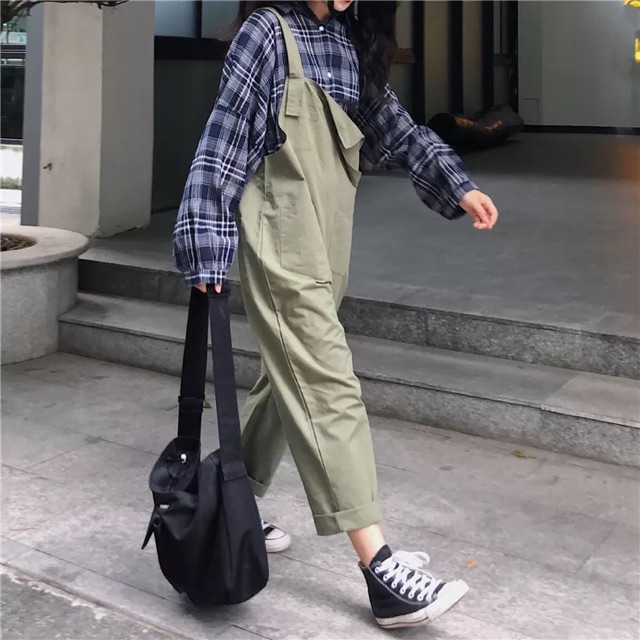 quần yếm khaki dài ulzzang / quần yếm ống rộng kaki xanh rêu và đen