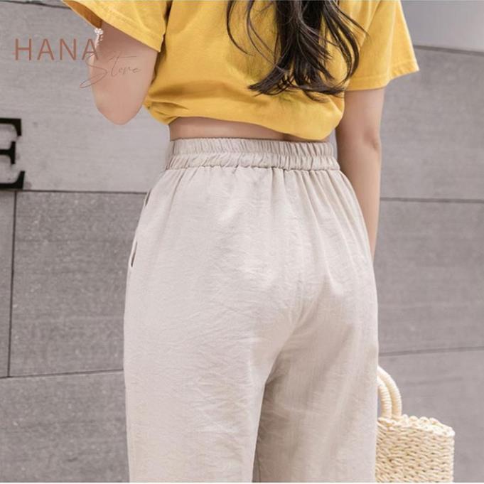 Quần đũi nữ baggy lưng thun cạp chun cao dáng đứng dài lửng lỡ 96cm qua gối ống bo - Khóa thật cúc cài - Vải đũi xước