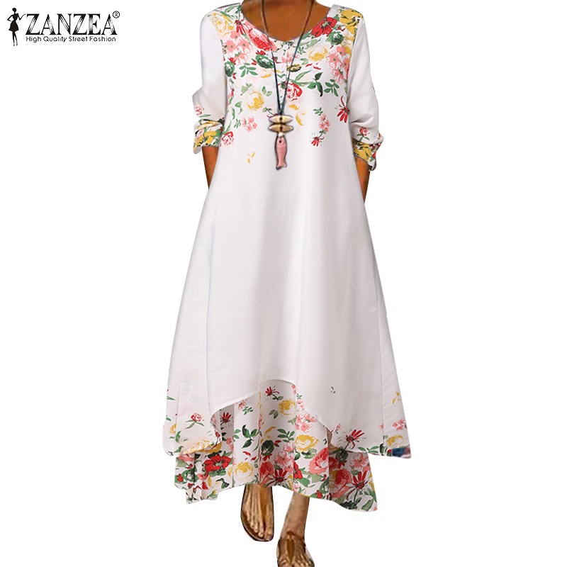 Đầm ZANZEA dáng dài cổ tròn in họa tiết phong cách vintage Châu Âu cho nữ