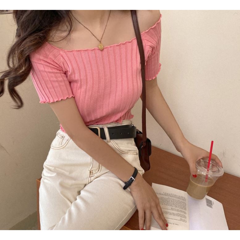Áo croptop nữ, Áo ngắn tay nữ trễ vai sành điệu, hàng dệt kim xịn xò | BigBuy360 - bigbuy360.vn