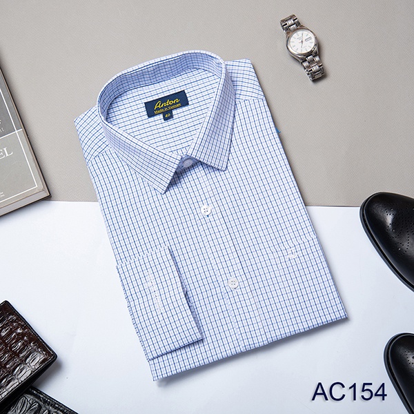 Áo Sơ Mi Nam Công Sở Trung Niên Thương Hiệu Anton Dài Tay Vải Cotton Kẻ Caro Trắng Xanh – AC154