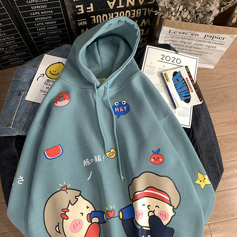 Áo sweater dáng rộng dài tay in hình hoạt họa có mũ trùm thời trang thu đông Hàn Quốc cho nam | BigBuy360 - bigbuy360.vn