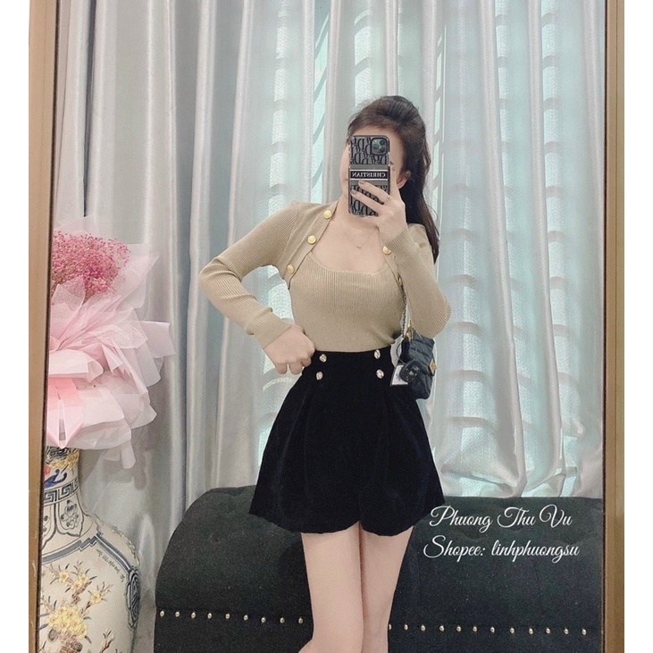 Áo len cổ vuông khuy vai, Áo kiểu dáng ôm cổ U dài tay AL1736 - NhiNhi Shop