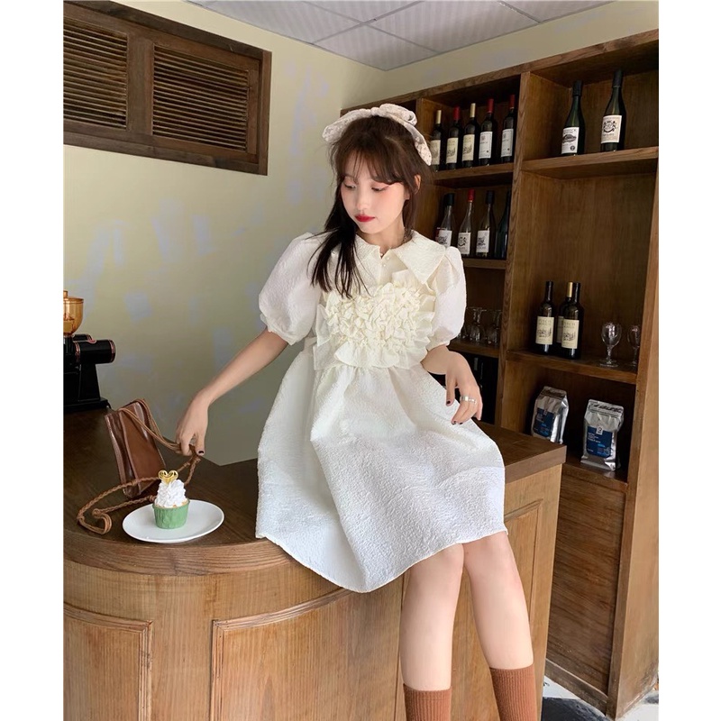 Đầm babydoll tay phồng bèo ngực kiểu Hàn Quốc xòe dễ thương , váy babydoll trắng tay phồng - Florence dressl