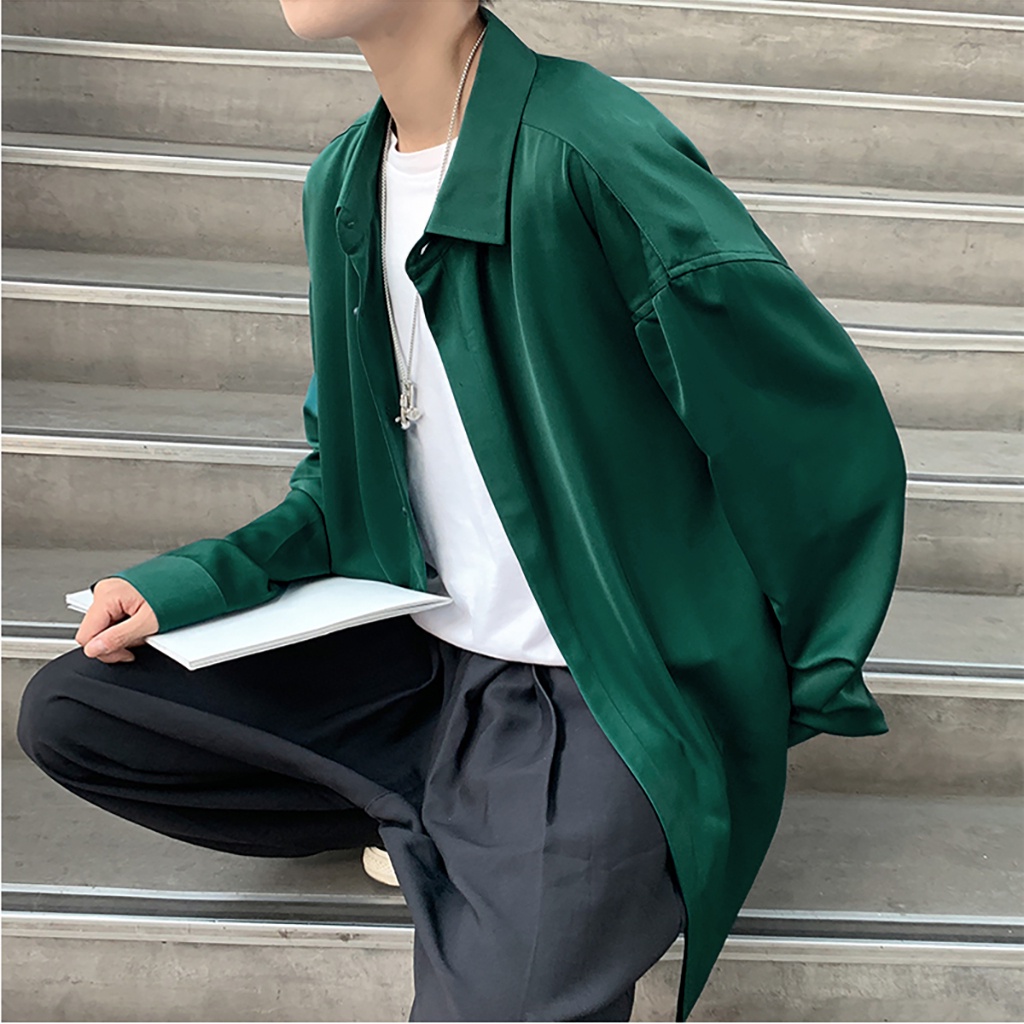 Áo sơ mi nam nữ dài tay giấu khuy xanh lá đậm unisex form rộng UNIKA FASHION ASM41