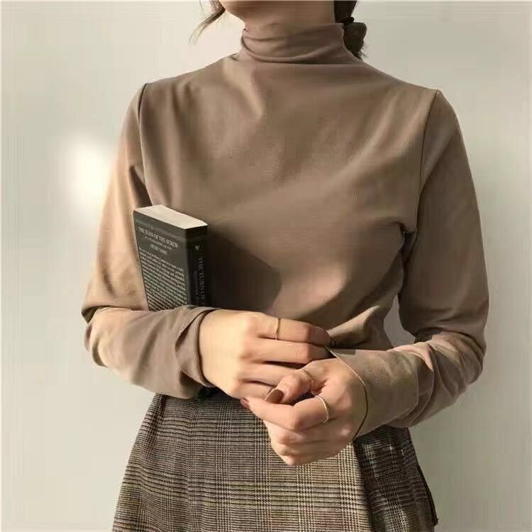 Áo thun nữ tay dài cổ cao phong cách thời trang thu đông Hàn Quốc
