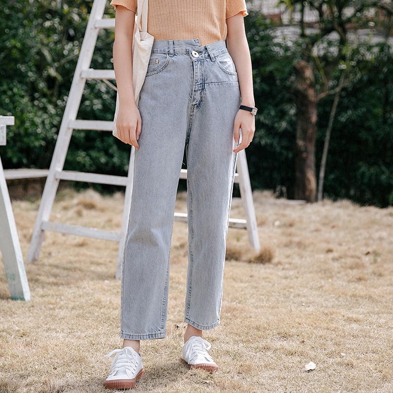 Retro Korean Women High Waist Denim Trousers Plain Street Jeans