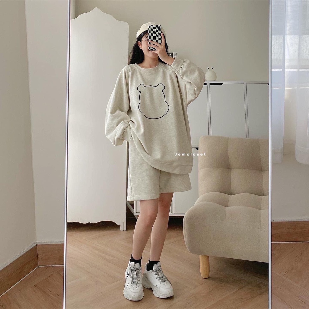 Bộ Nỉ Áo Sweater Kèm Quần Sort - Set Bộ Tay Phồng Form Rộng Phong Cách Hàn Quốc Hình Gấu