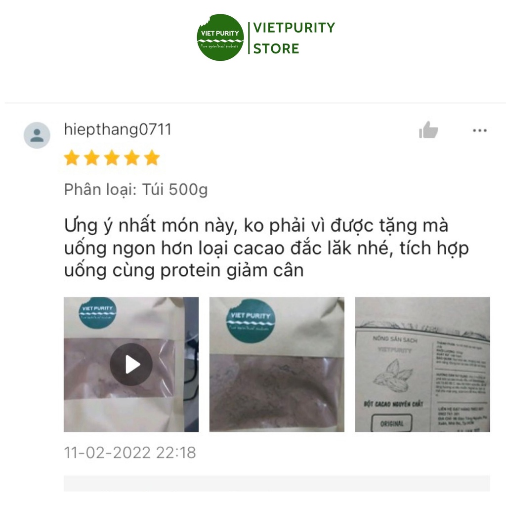 Bột cacao nguyên chất 500g Daklak không đường giảm cân Vietpurity