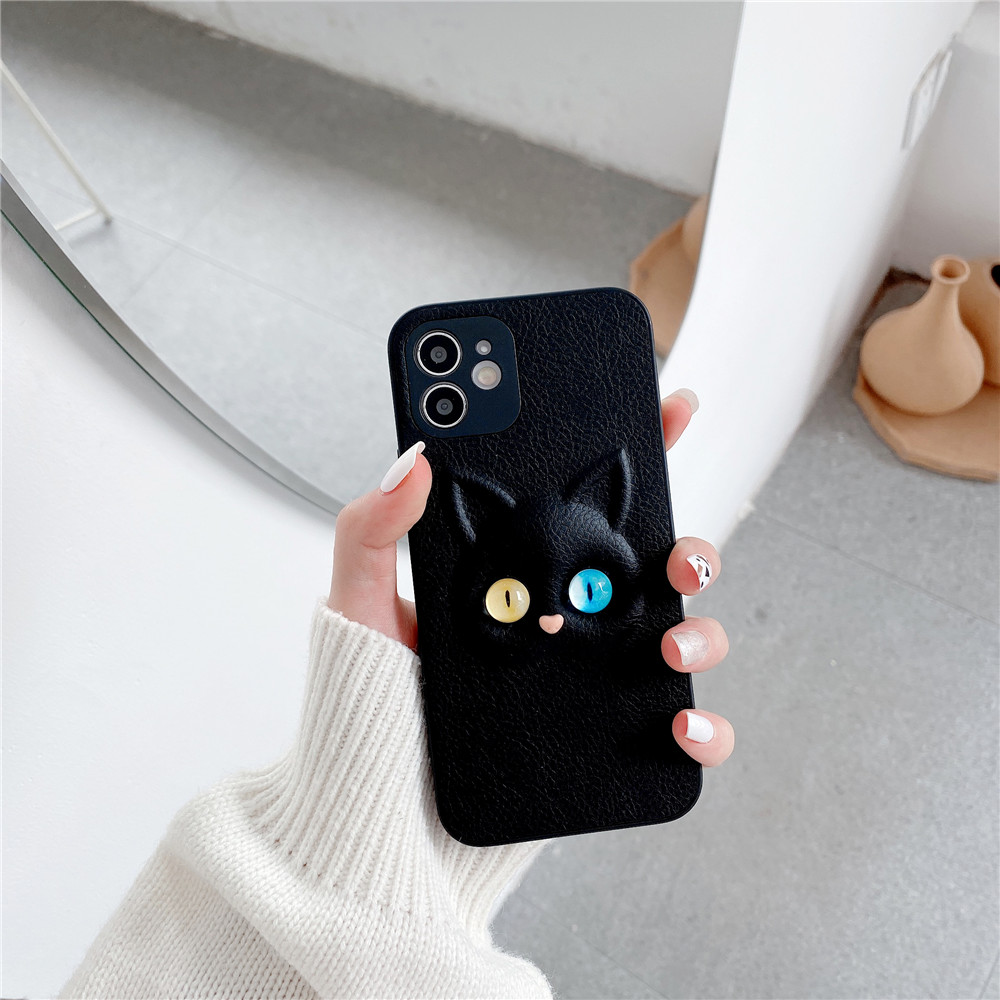 Ốp điện thoại da giả hình mặt mèo 3D xinh xắn cho iPhone 11 12 Pro Max Mini 12pro Se 2020 X Xs Max Xr 8 7 6 6s Plus