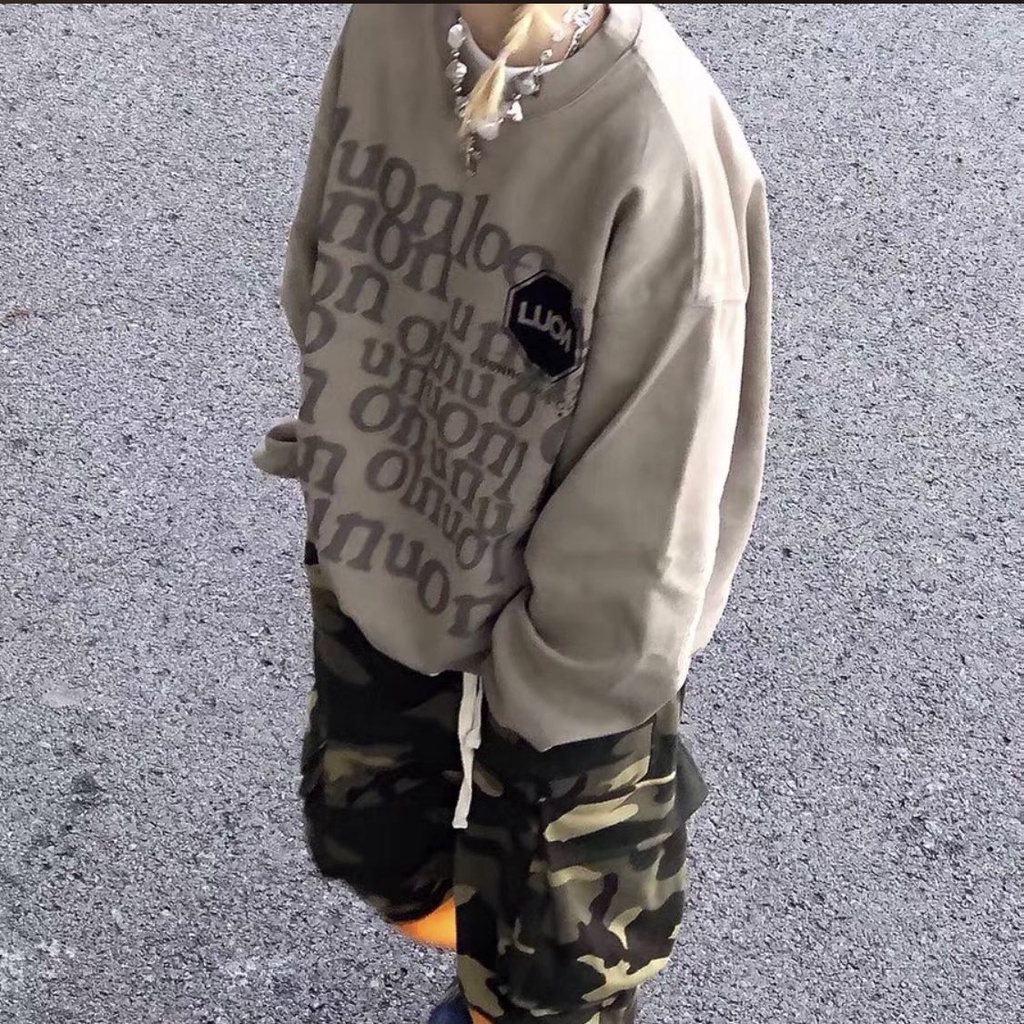 COZOK Áo sweater tay dài hoạ tiết chữ thiết kế trễ vai phong cách Vintage