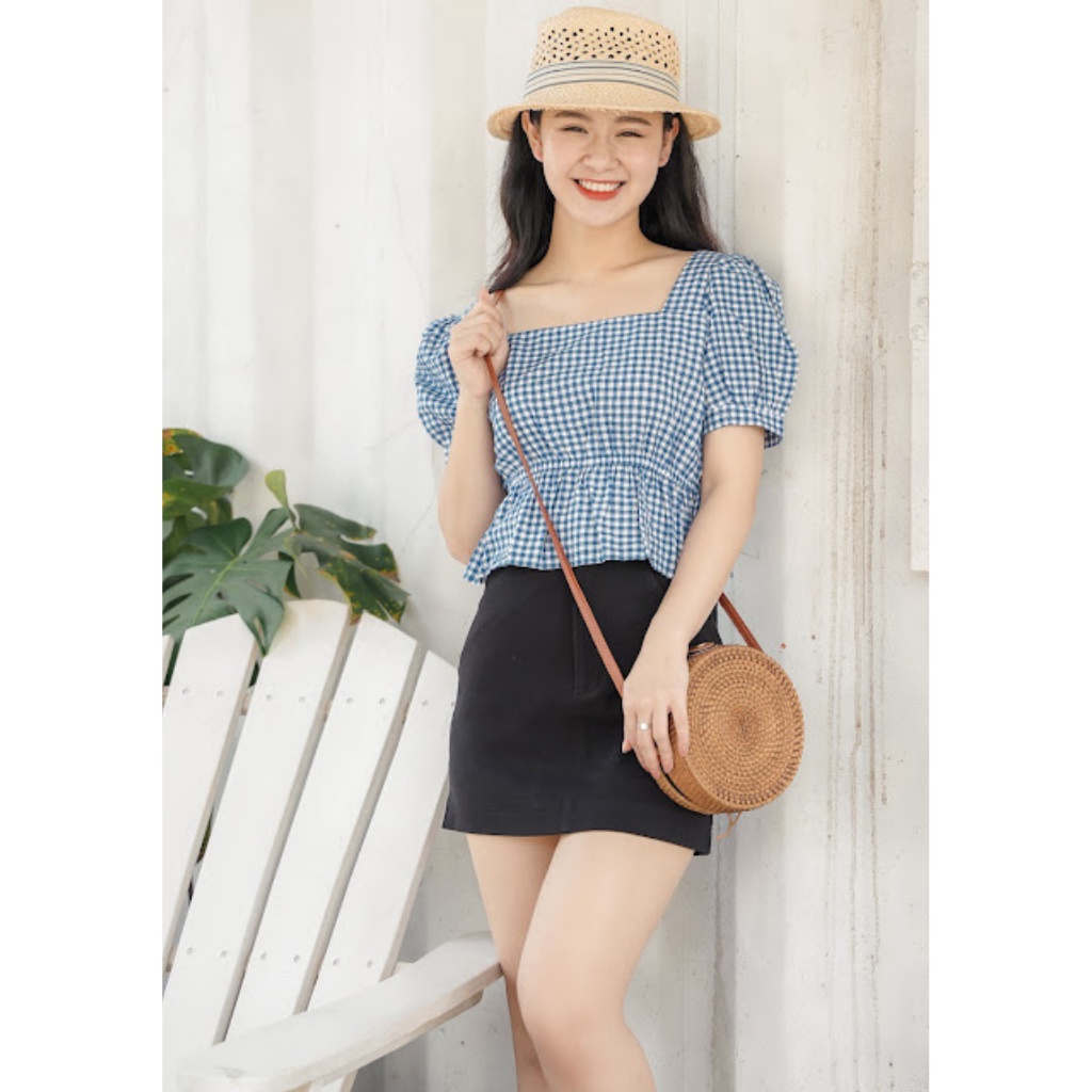 Áo croptop cổ vuông kẻ caro trẻ trung thương hiệu thời trang TK FASHION - SMKA128