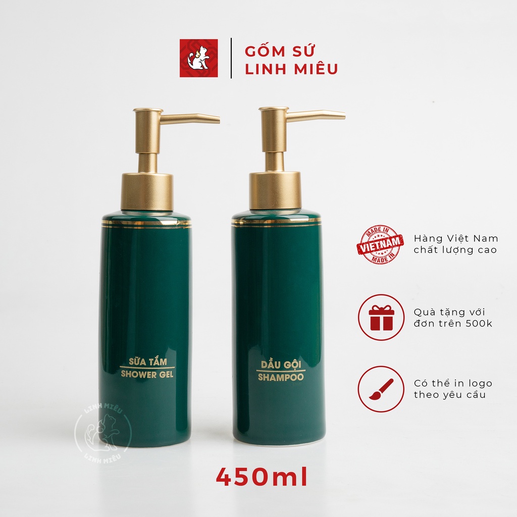 (450ml) Lọ sứ đựng dầu gội sữa tắm nước rửa tay khách sạn, homestay, nhà nghỉ dáng trụ, xanh ngọc kẻ vàng