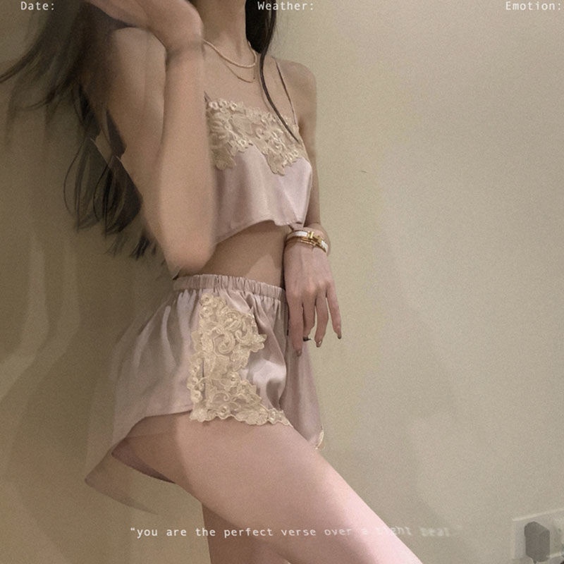 Bộ đồ ngủ hai dây phối ren mỏng thời trang mùa hè hàng mới năm 2021 dành cho bạn nữ mặc tại nhà