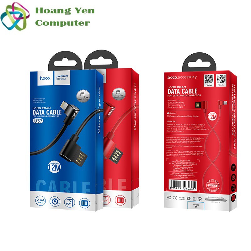 [Mã ELORDER5 giảm 10K đơn 20K] Cáp Sạc IPhone Hoco U37 5V-1A, Dài 3M, Đầu Cắm L - BH 12 Tháng (MÀU SẮC NGẪU NHIÊN)