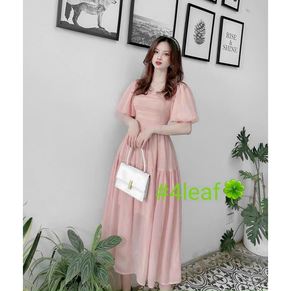 [8.8 Sales Freeship] Đầm công chúa màu hồng, đầm cổ vuông tay phồng nhún xếp ly ngực dáng dài bánh bèo, sang chảnh