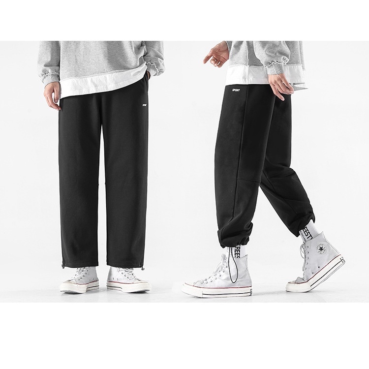 Quần nỉ trơn basic ống thụng có dây rút nam nữ form rộng unisex mặc được 2 kiểu