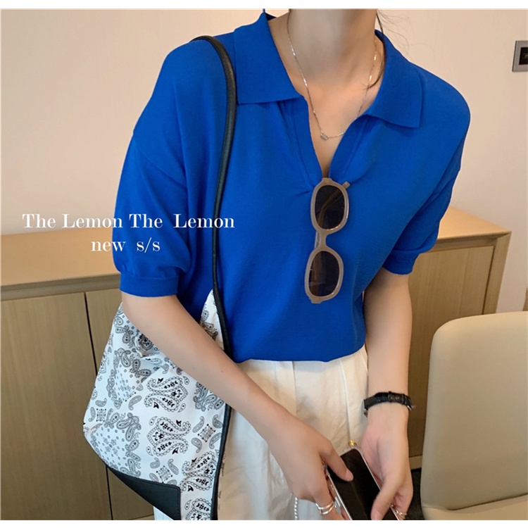 Áo dệt kim QADCOL tay ngắn cổ bẻ thời trang trẻ trung cho nữ